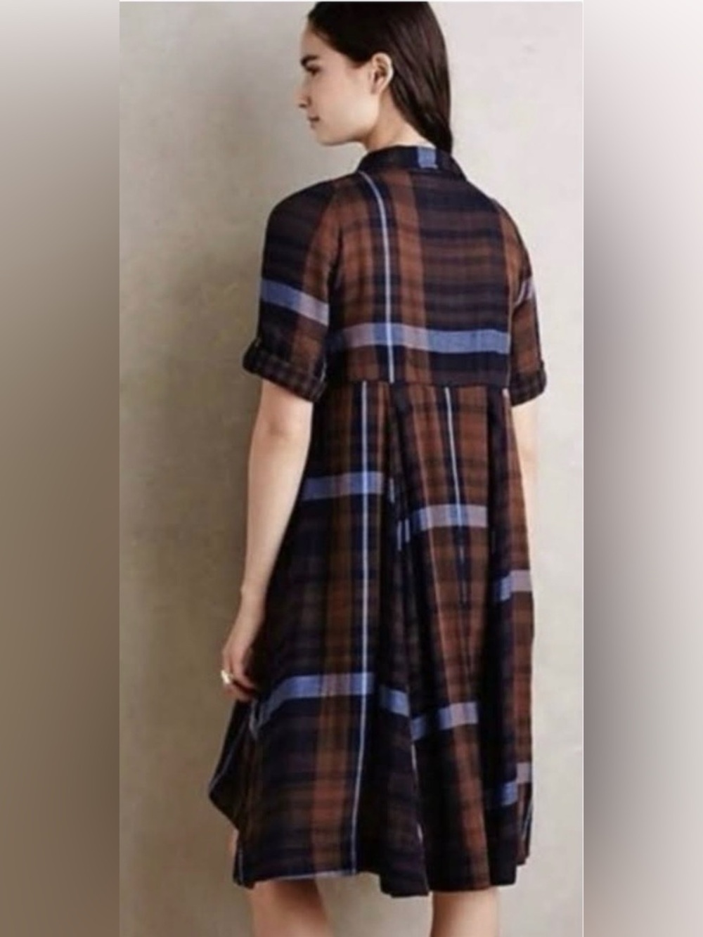 HOLDING HORSES Mixed Plaid Shirt Dress High-Low Handkerchief Hem Blue/Brown SZ 2 - Picture 2 of 15